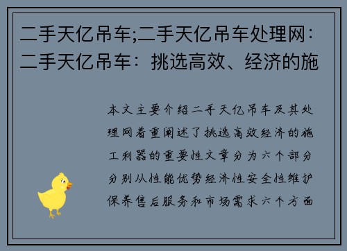 二手天亿吊车;二手天亿吊车处理网：二手天亿吊车：挑选高效、经济的施工利器