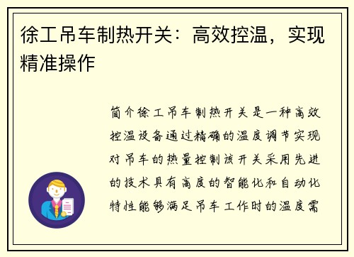 徐工吊车制热开关：高效控温，实现精准操作