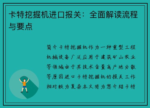 卡特挖掘机进口报关：全面解读流程与要点